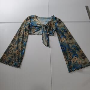 Y2L Fairy Grunge Whimsy Top Womens Small Mesh Bell Sleeve Tie Front Sheer Floral
